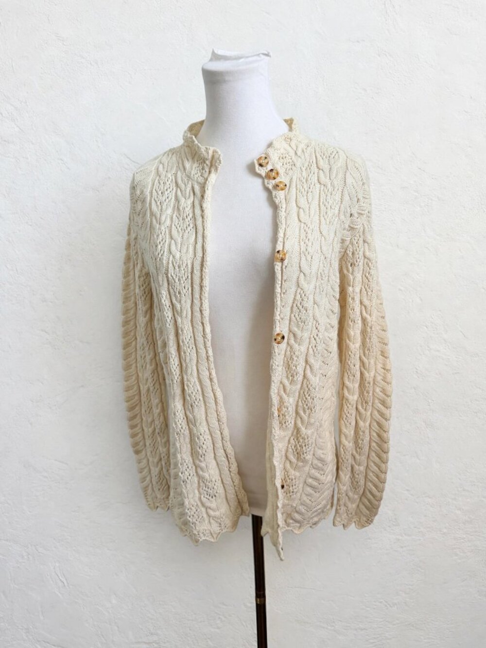 Tabi Cable Knit Cardigan M Cream Fisherman Lambswool Blend Cottagecore Cozy